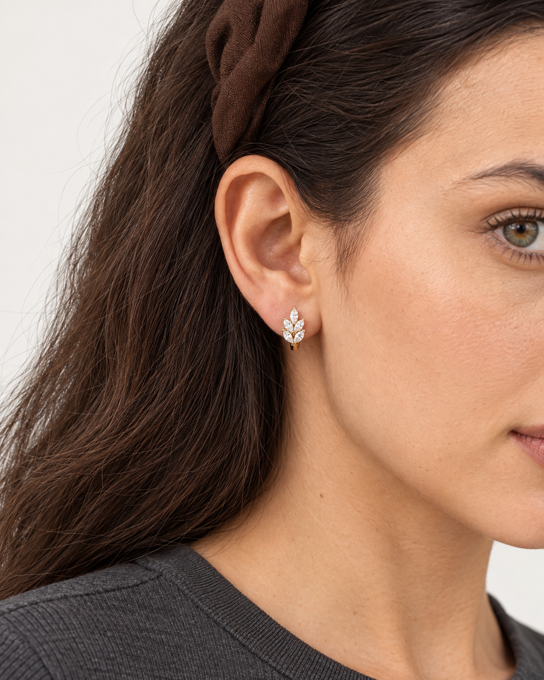 Marquise Leaf Hoops — worn close view