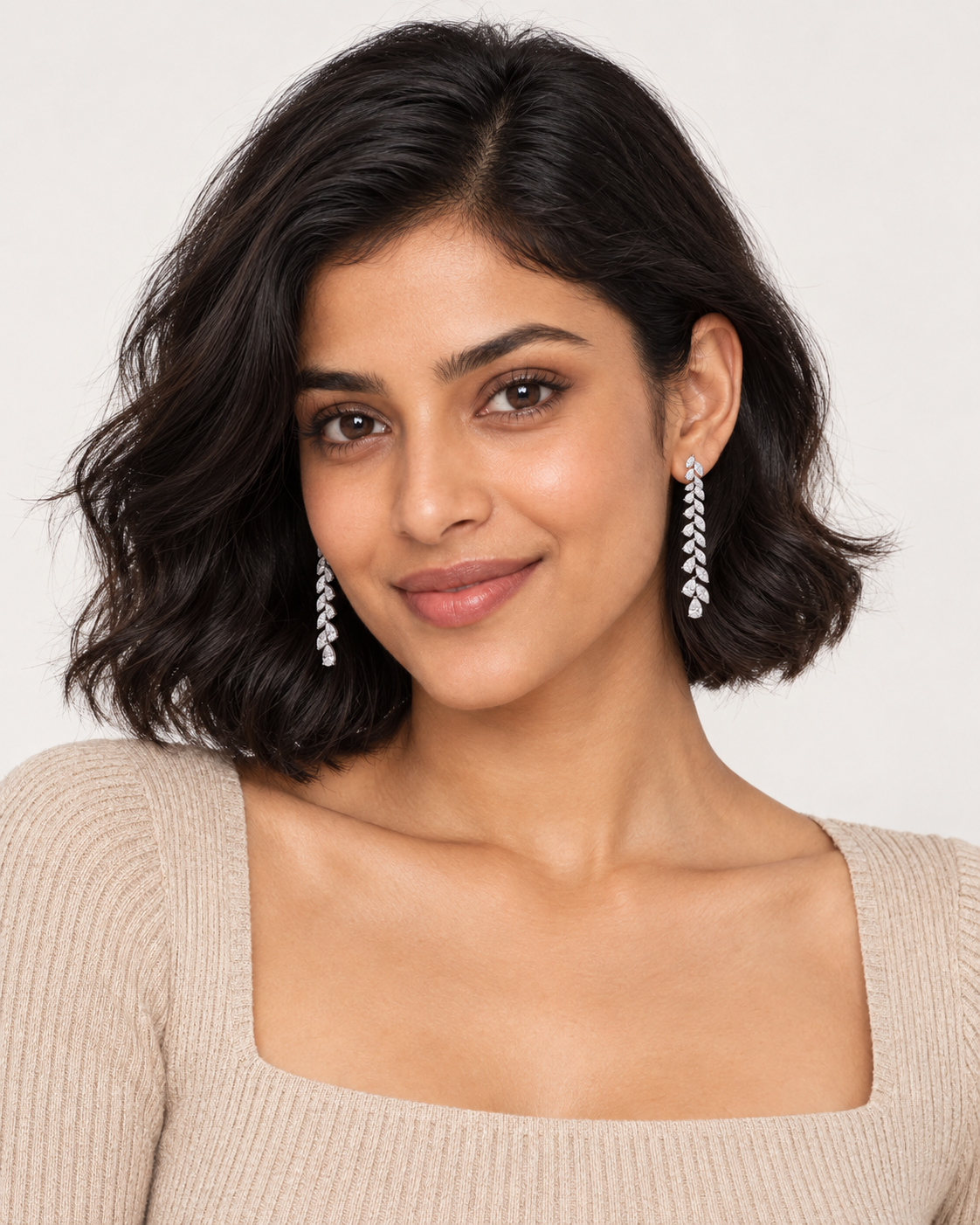 Marquise Line Drop Earrings — worn studio view