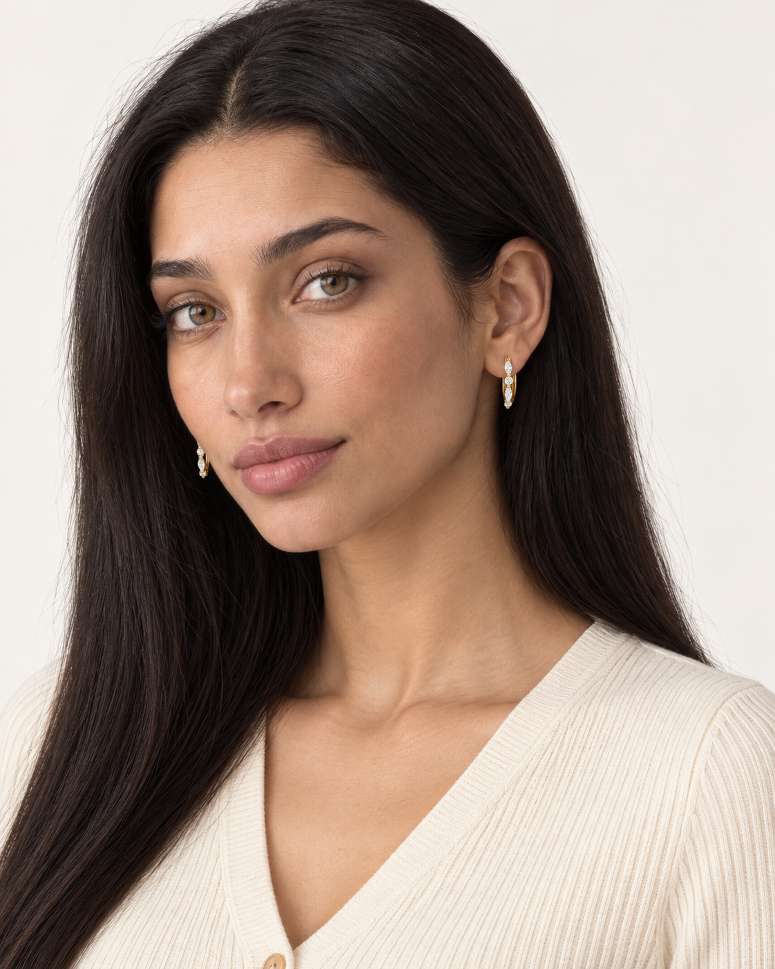 Marquise Station Hoops — worn studio view