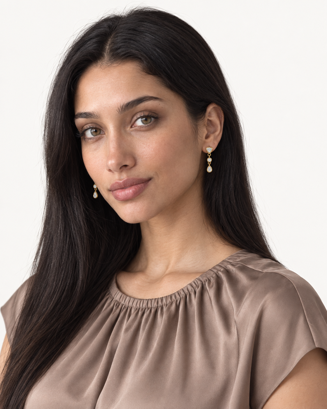 Mixed-Shape Drop Earrings — worn studio view