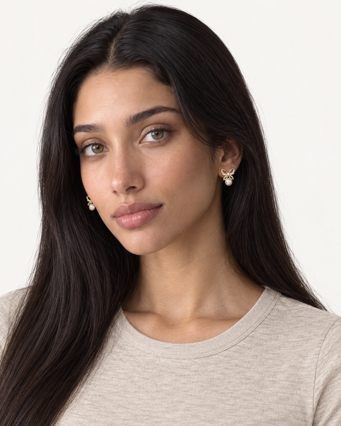 Pearl Butterfly Studs — worn studio view
