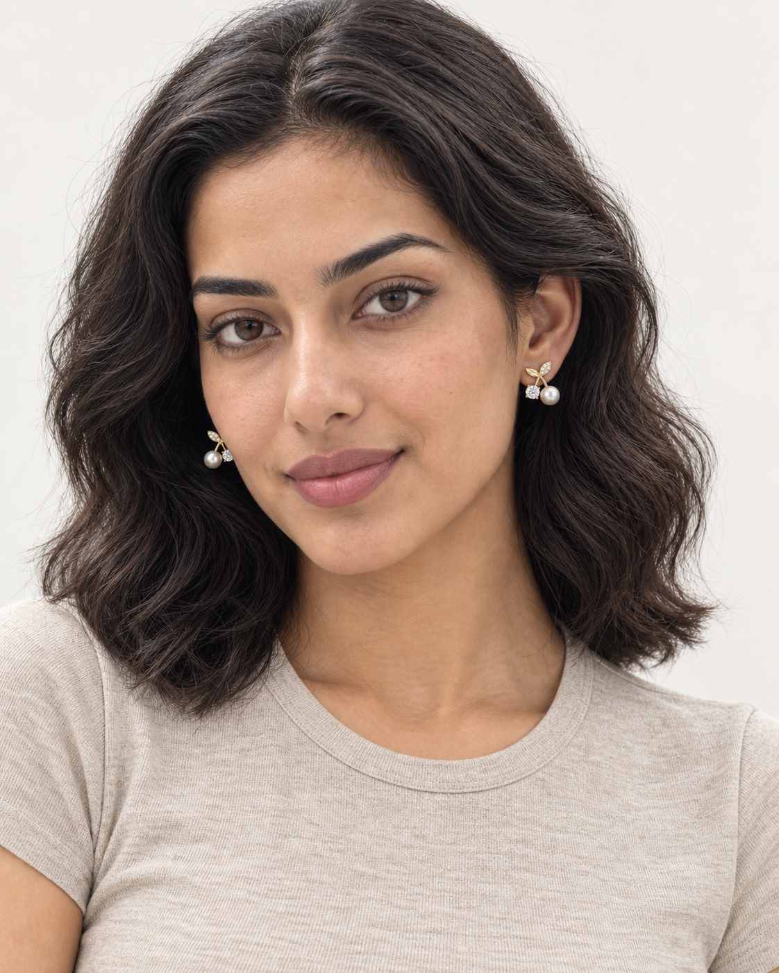 Pearl Cherry Studs — worn studio view