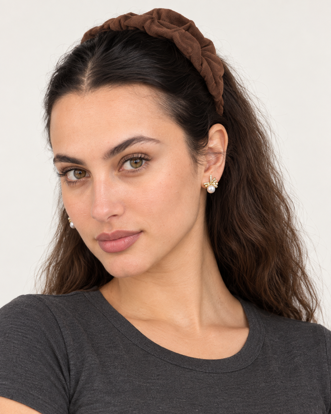 Pearl Ribbon Studs — worn studio view