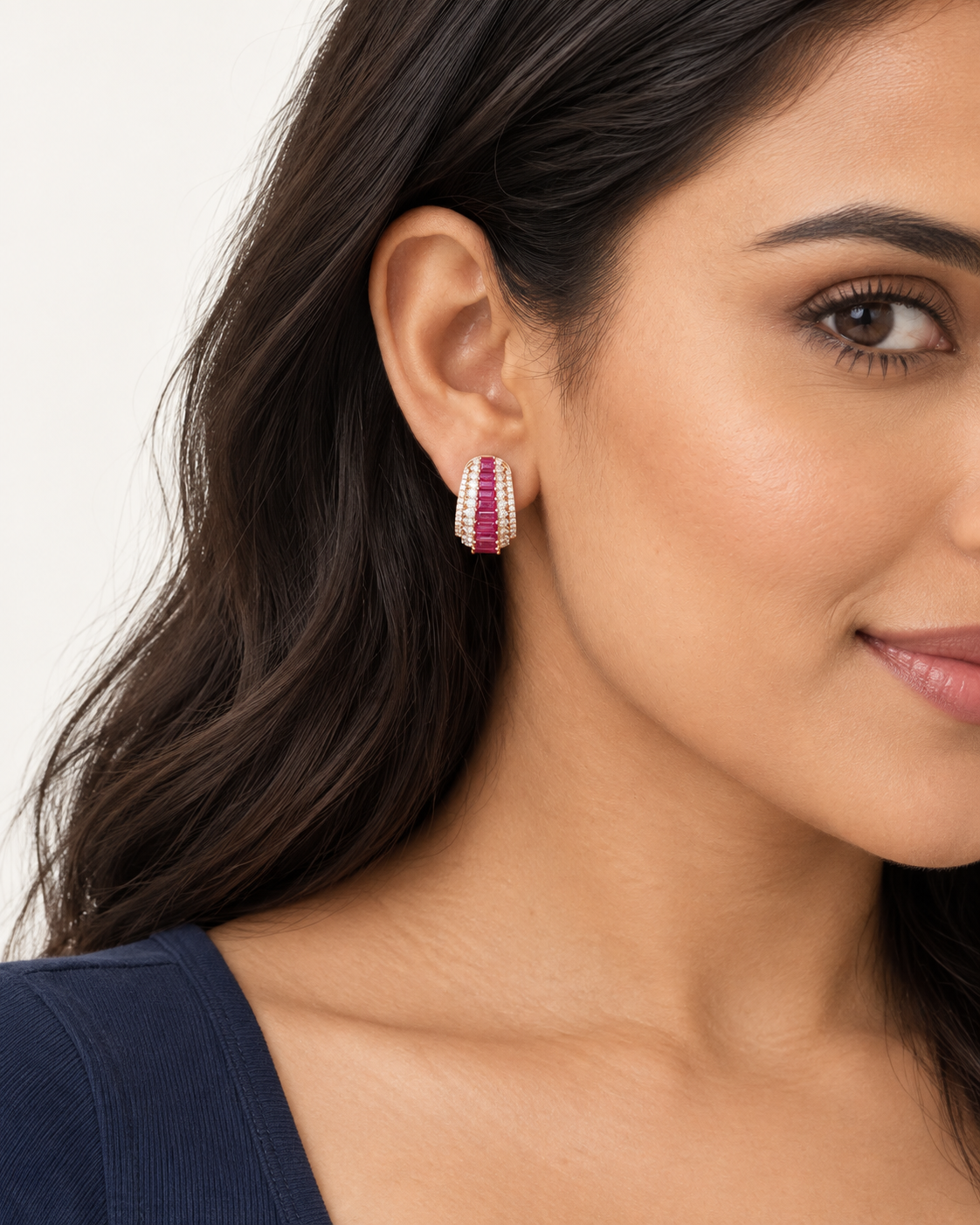Pink Baguette Hoops — worn close view