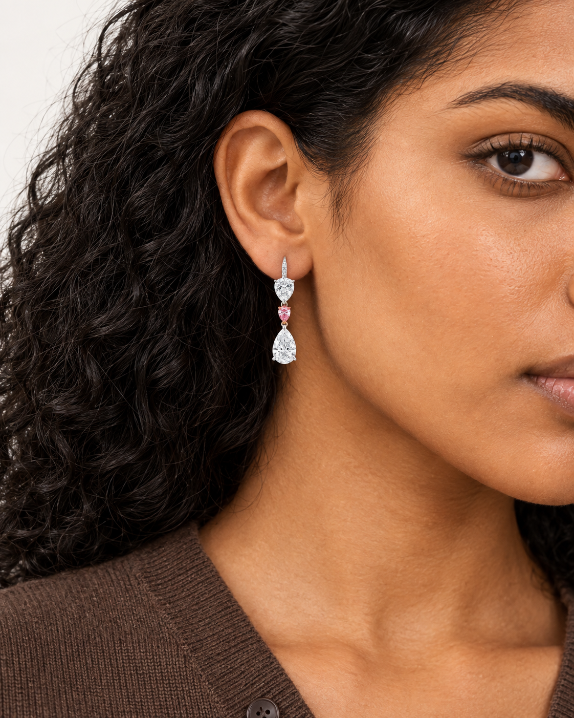 Pink Pear Drop Earrings — worn close view