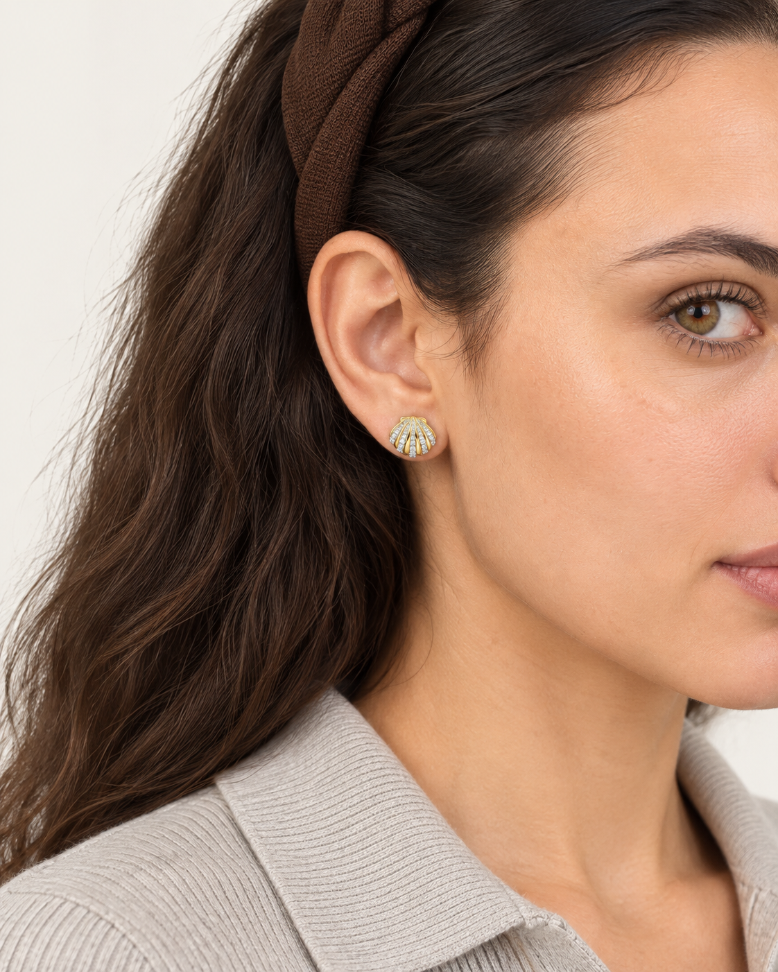 Ribbed Shell Studs — worn close view