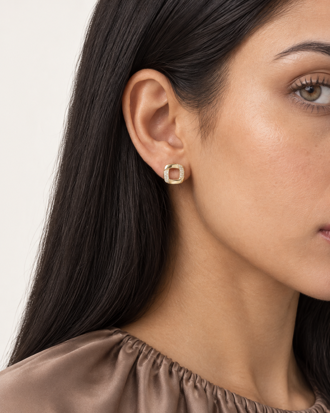 Sculpted Square Studs — worn close view
