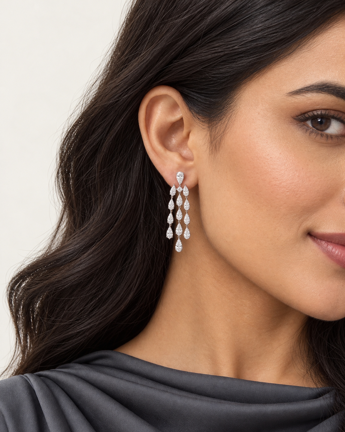 Three-Strand Drop Earrings — worn close view