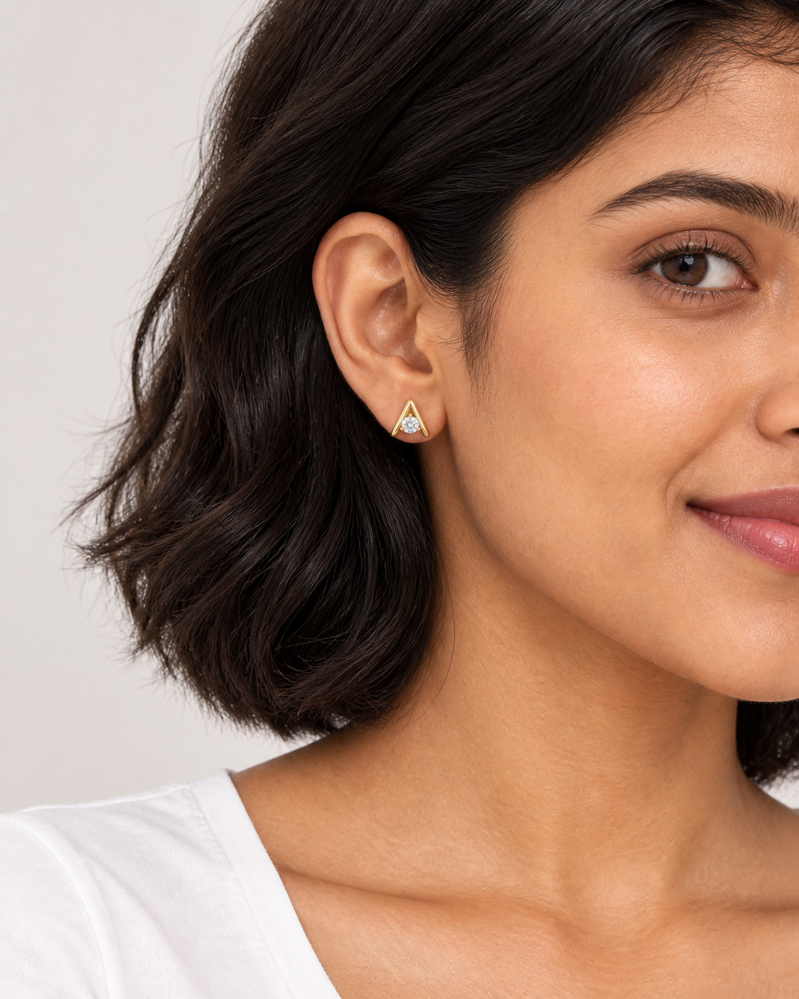 Triangle Solitaire Studs — worn close view