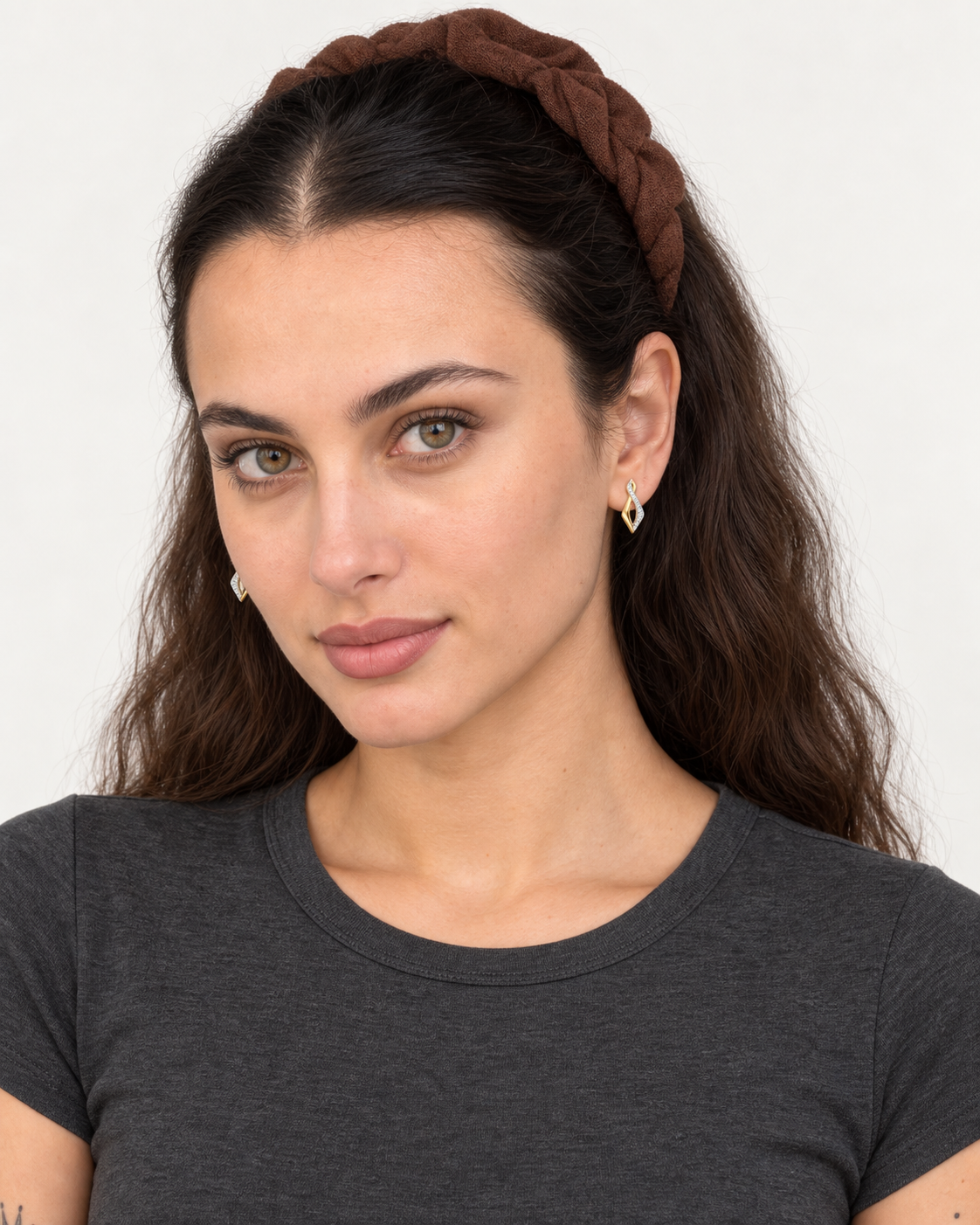 Twisted Leaf Studs — worn studio view