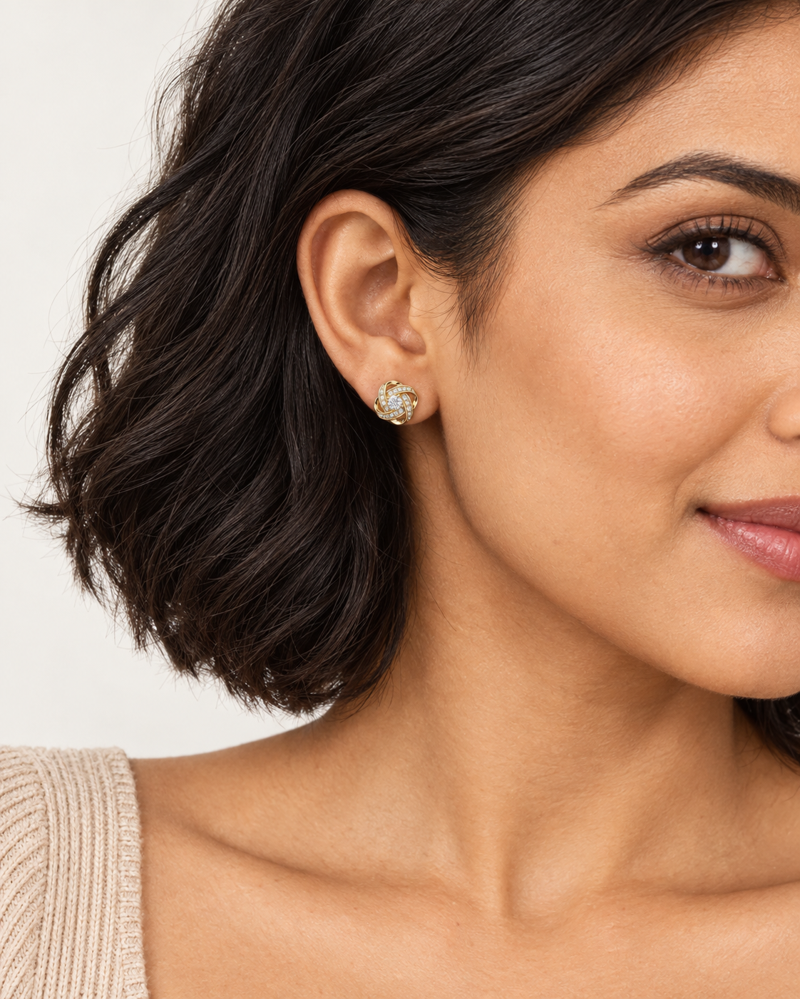 Woven Knot Studs — worn close view