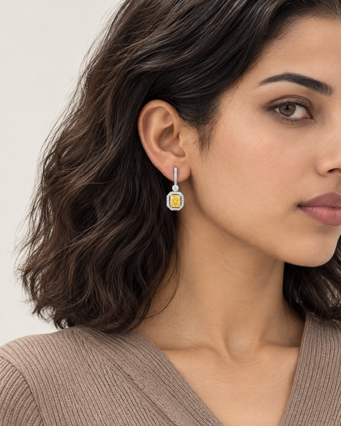 Yellow Baguette Drop Earrings — worn close view
