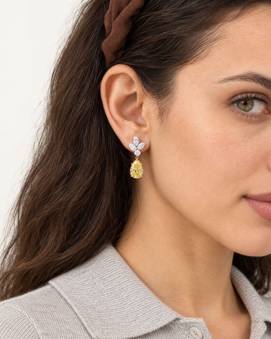 Yellow Cluster Drop Earrings — worn close view