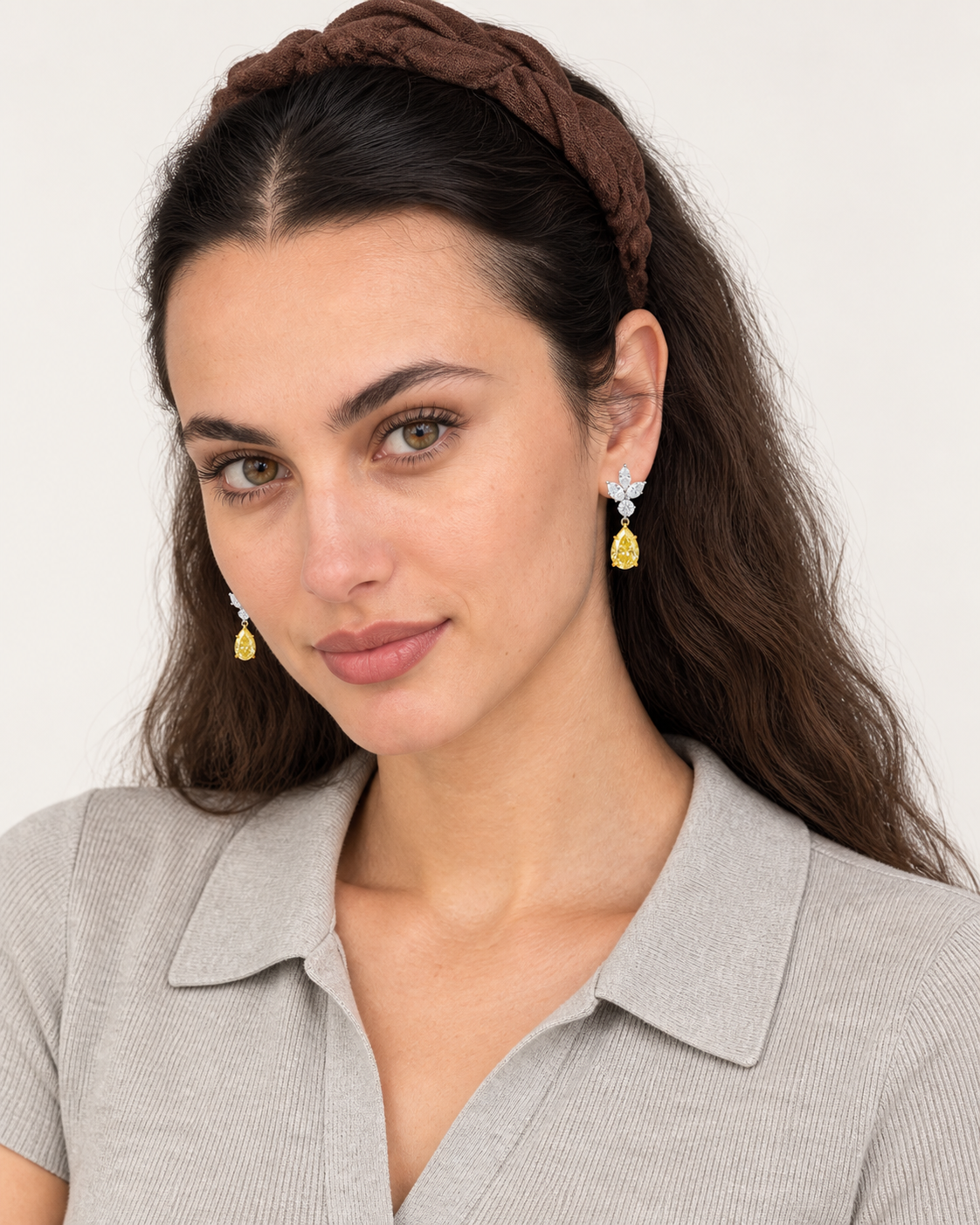 Yellow Cluster Drop Earrings — worn studio view
