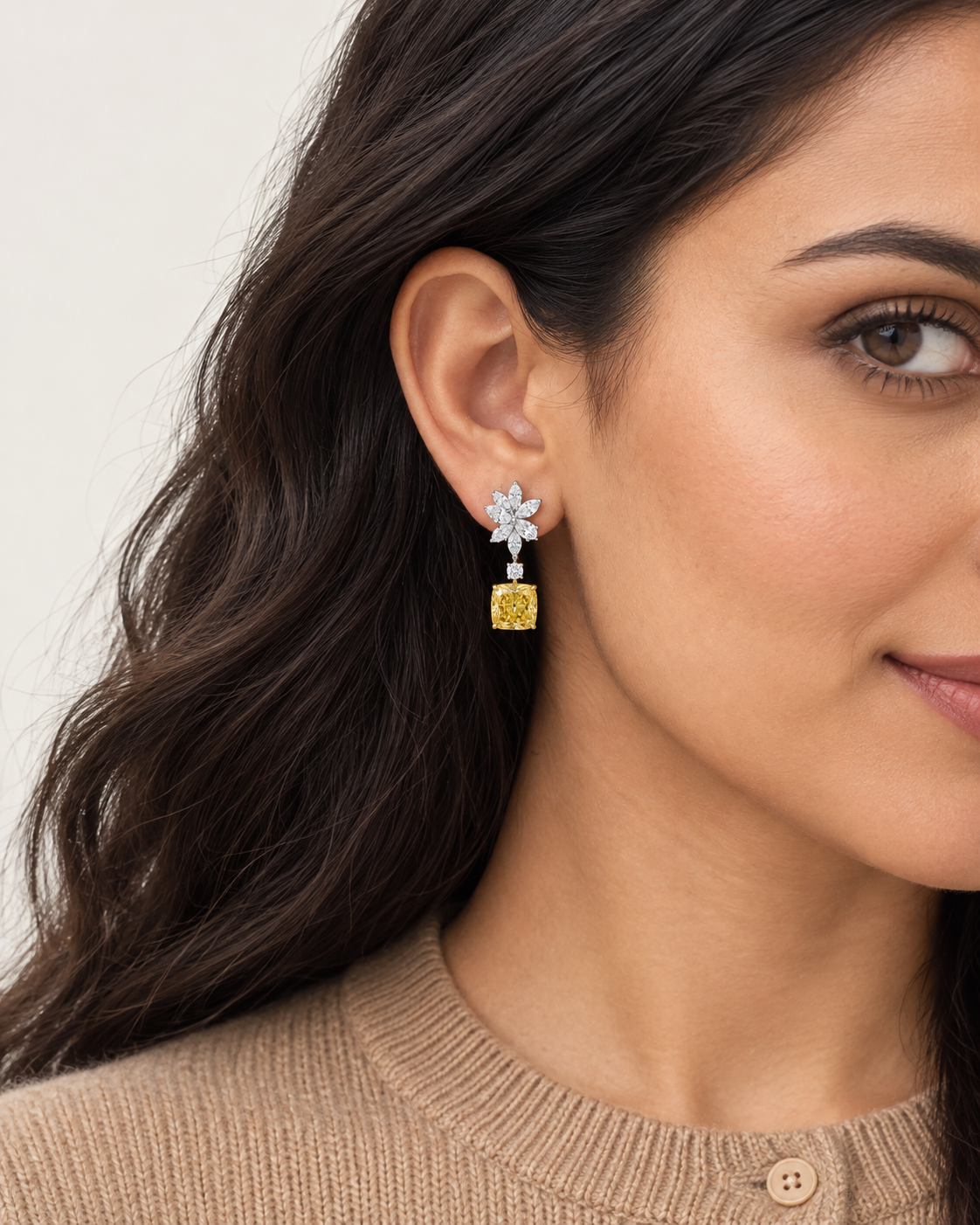 Yellow Floral Drop Earrings — worn close view