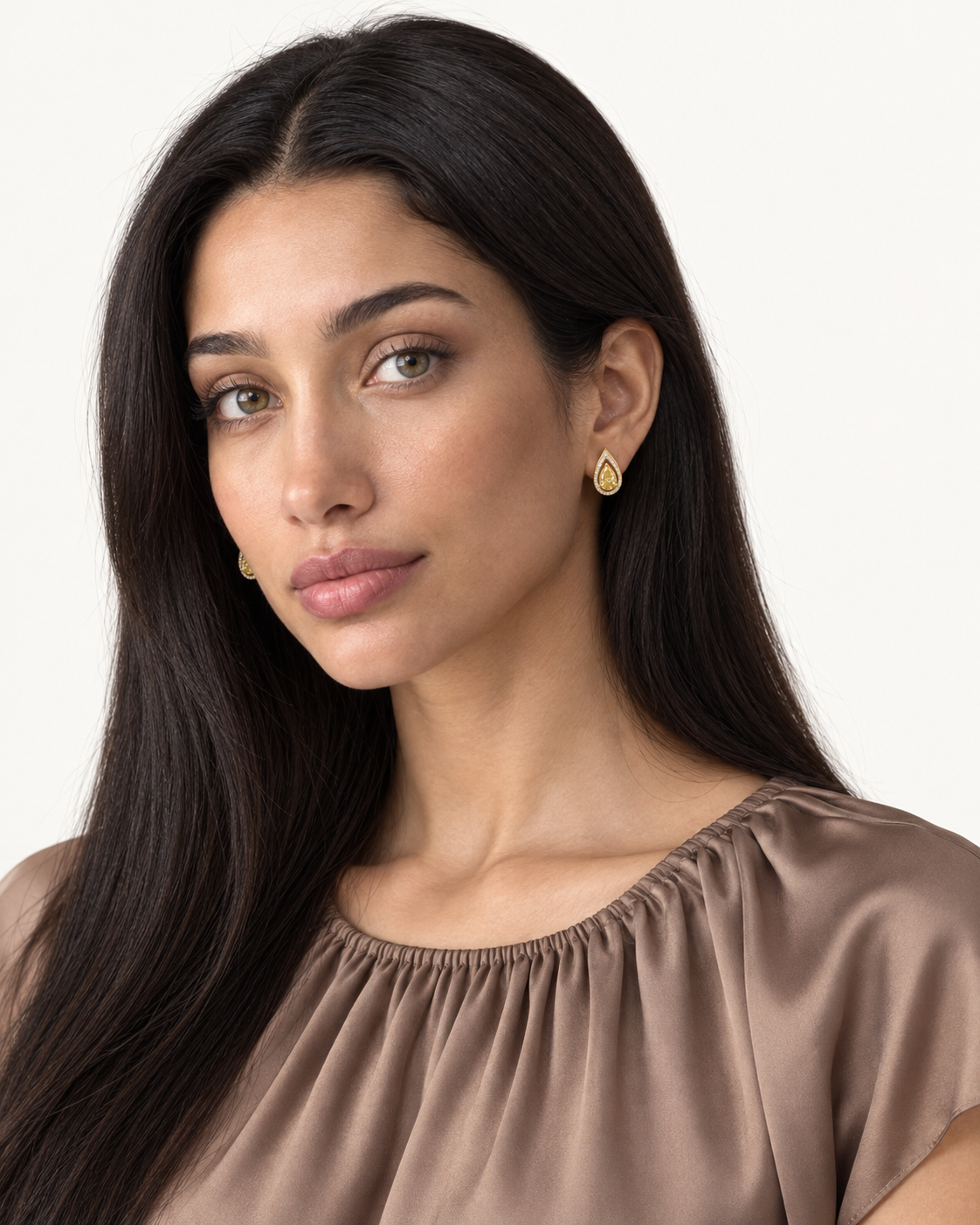 Yellow Pear Studs — worn studio view