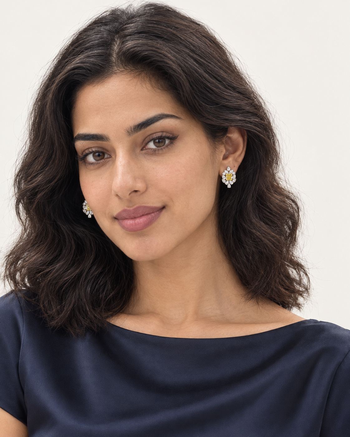 Yellow Square Cluster Studs — worn studio view