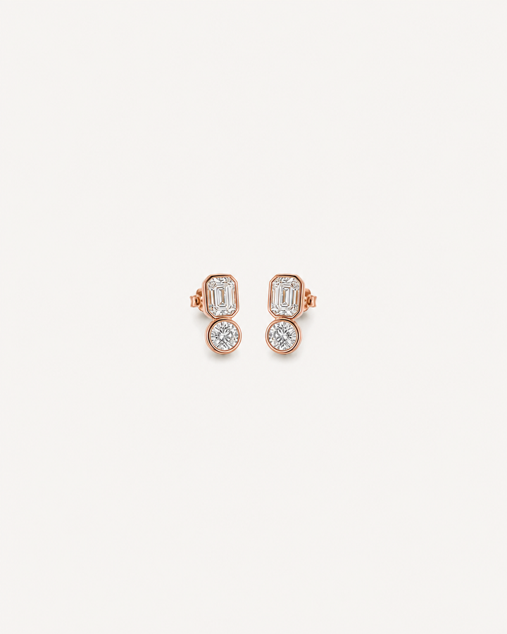 Baguette Round Drop Earrings - Rose Gold