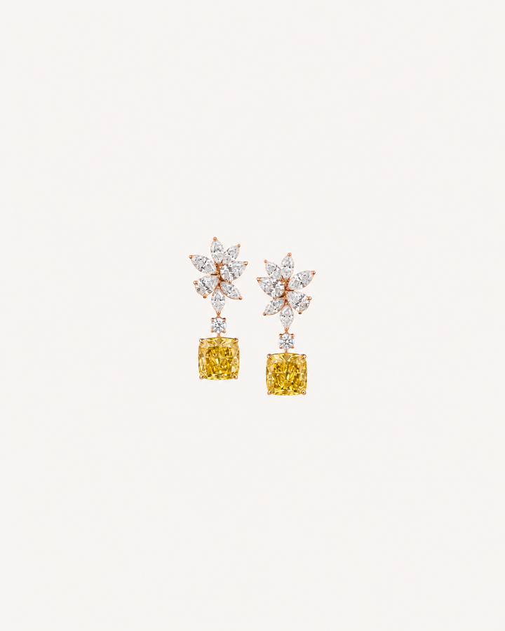 Yellow Floral Drop Earrings - Rose Gold