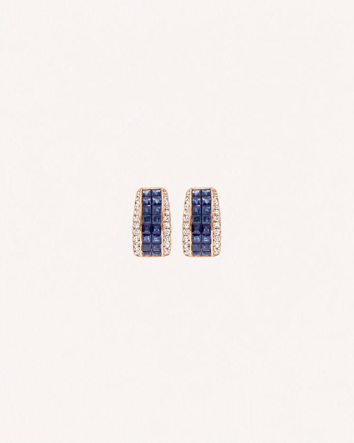 Blue Grid Hoops - Rose Gold