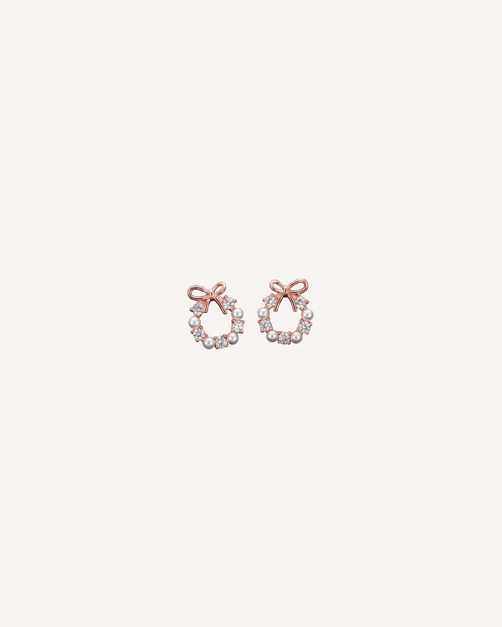 Pearl Bow Wreath Studs - Rose Gold