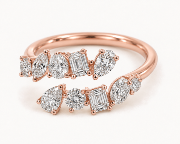 Mixed-Cut Bypass Ring in Rose Gold with a rounded band