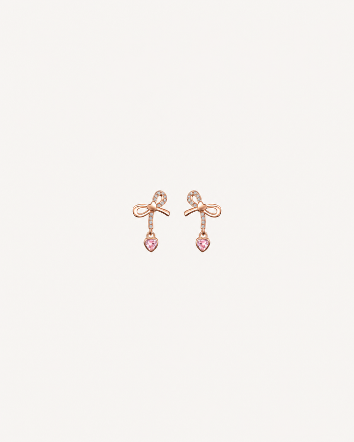 Bow Heart Drop Earrings - Rose Gold
