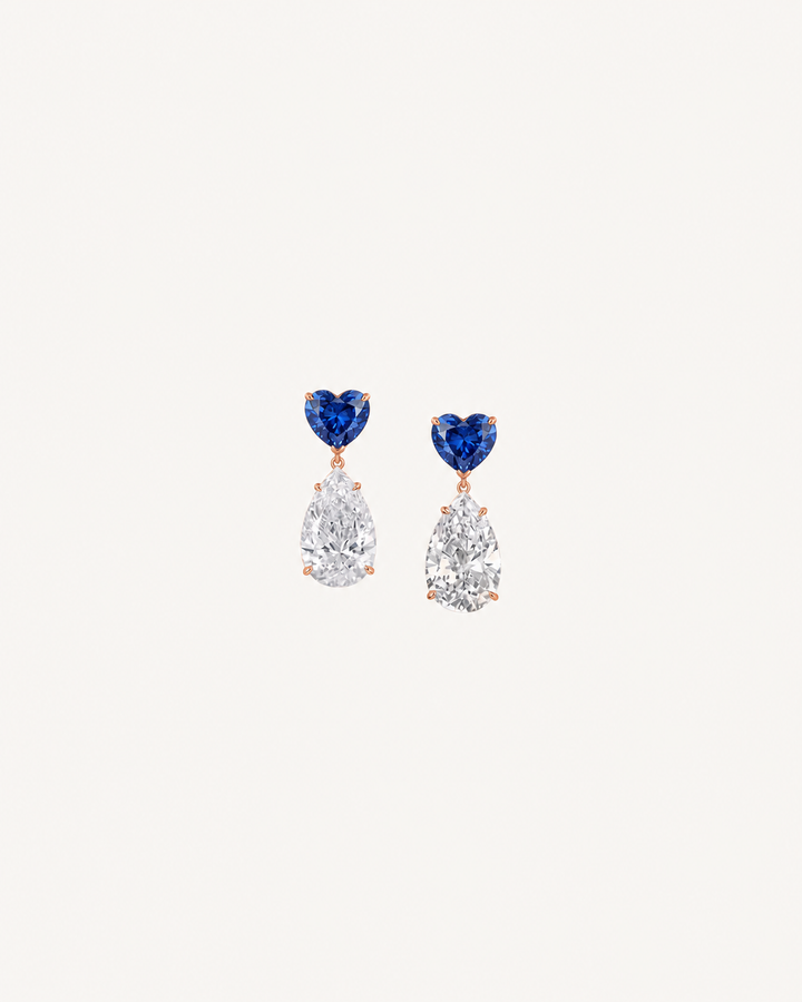 Blue Heart Drop Earrings - Rose Gold