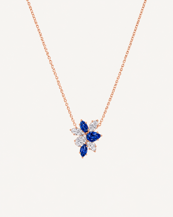 Blue Floral Necklace - Rose Gold