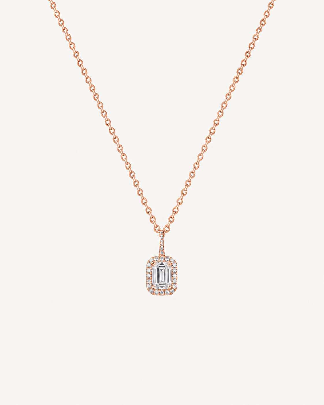 Emerald-Cut Halo Necklace - Rose Gold
