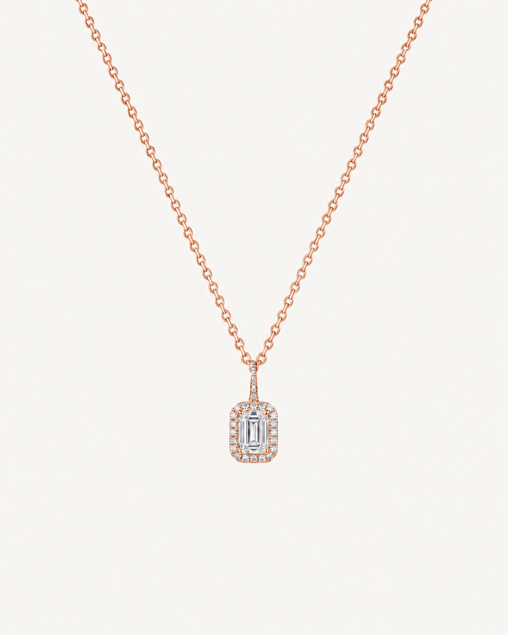 Emerald-Cut Halo Necklace - Rose Gold