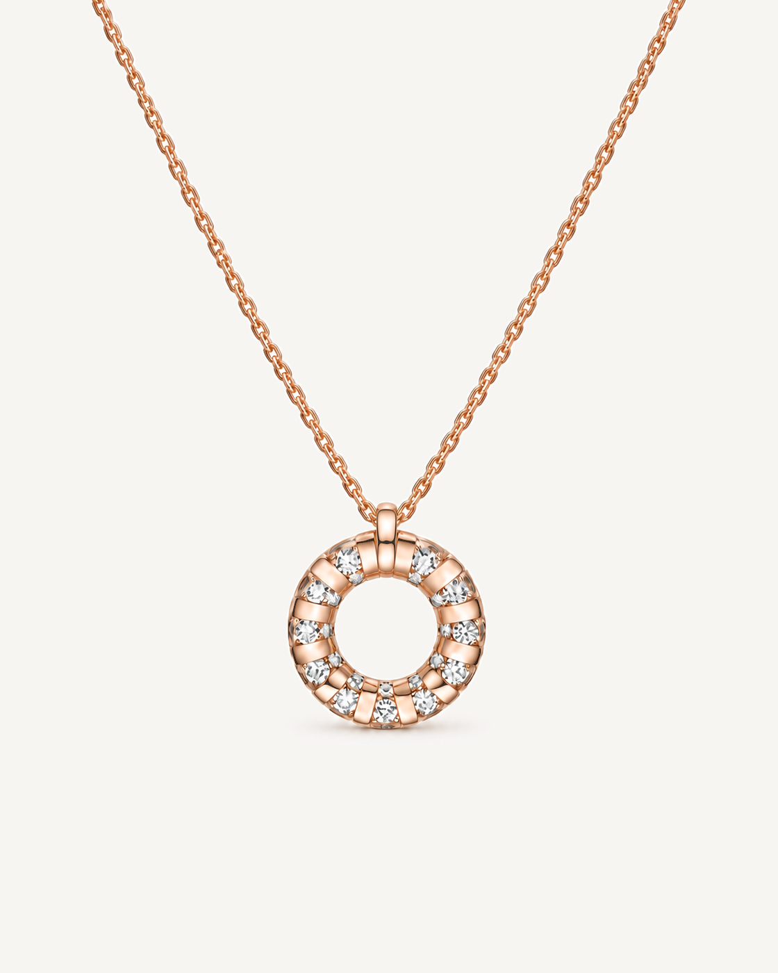 Ribbed Circle Necklace in Rose Gold, with one chain and a single top-center attachment