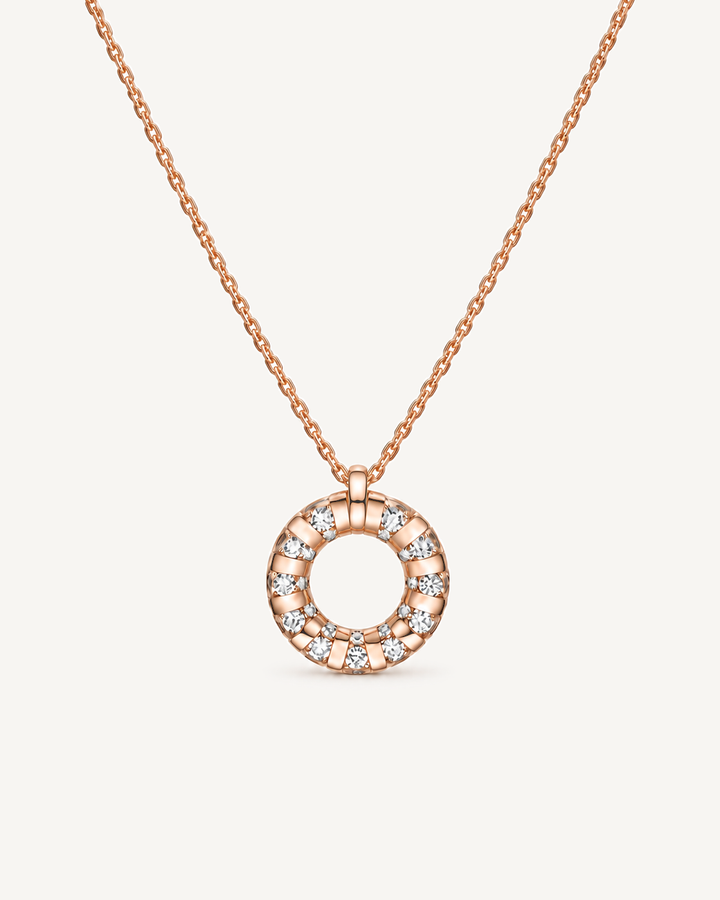 Ribbed Circle Necklace in Rose Gold, with one chain and a single top-center attachment