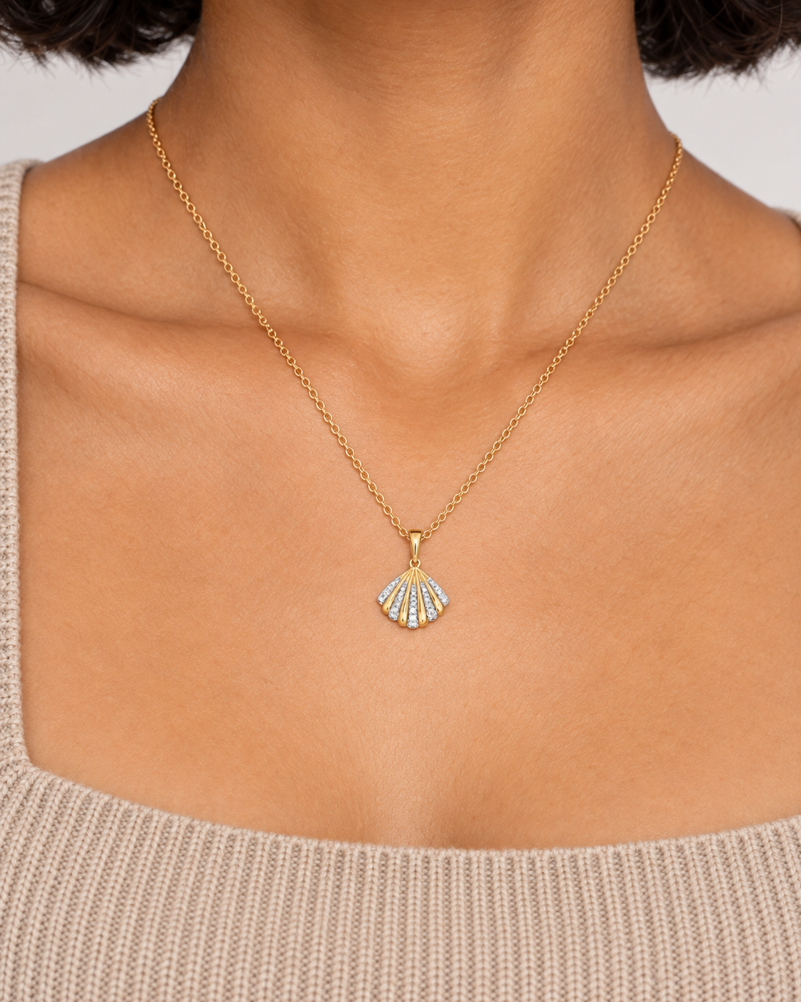Ribbed Shell Necklace, farther worn view