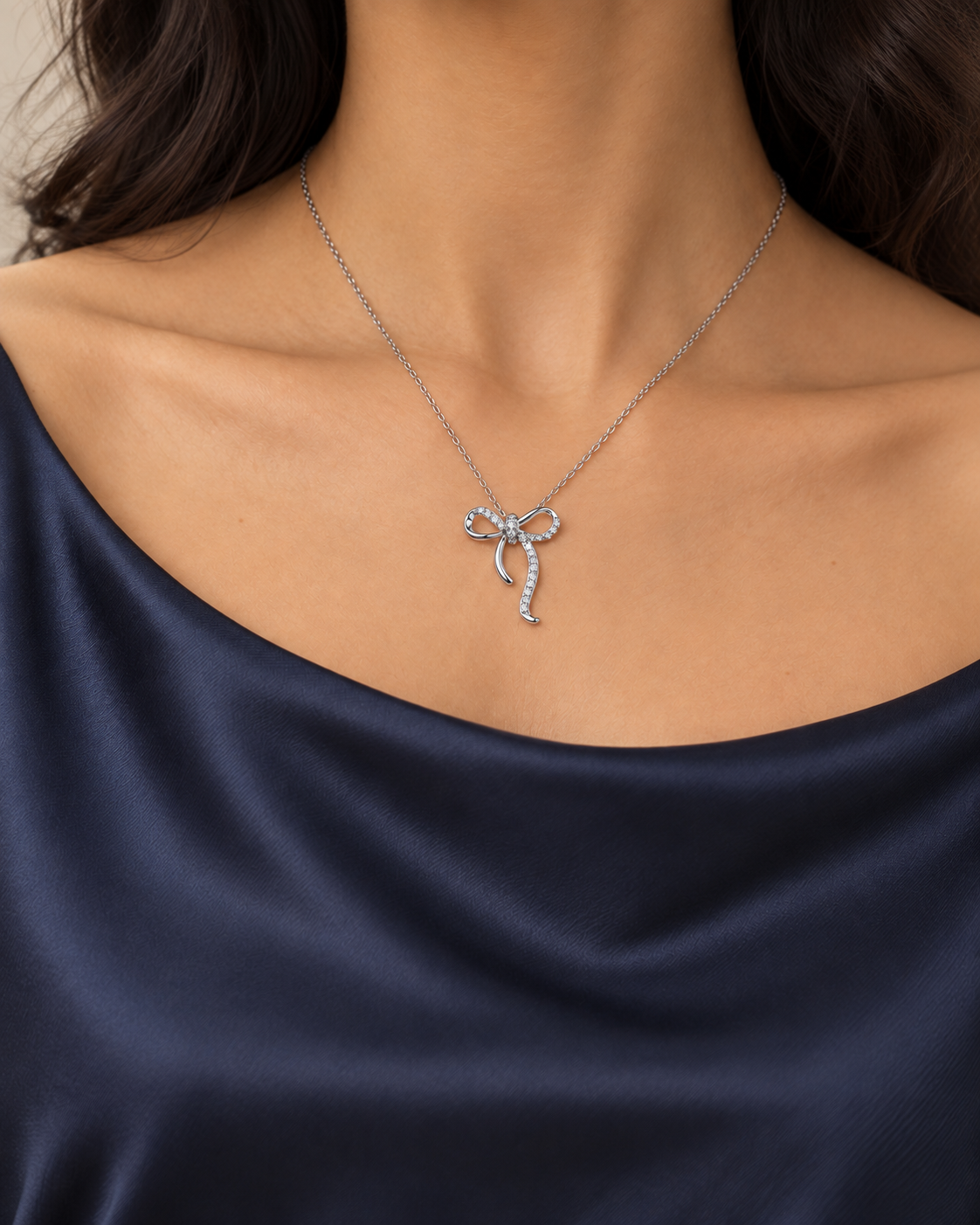 Ribbon Bow Necklace, farther worn view