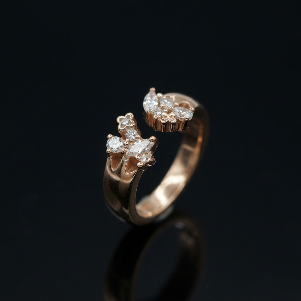 Top view of the rose gold open ring highlighting the stylish overlapping band encrusted with shimmering lab grown diamonds.