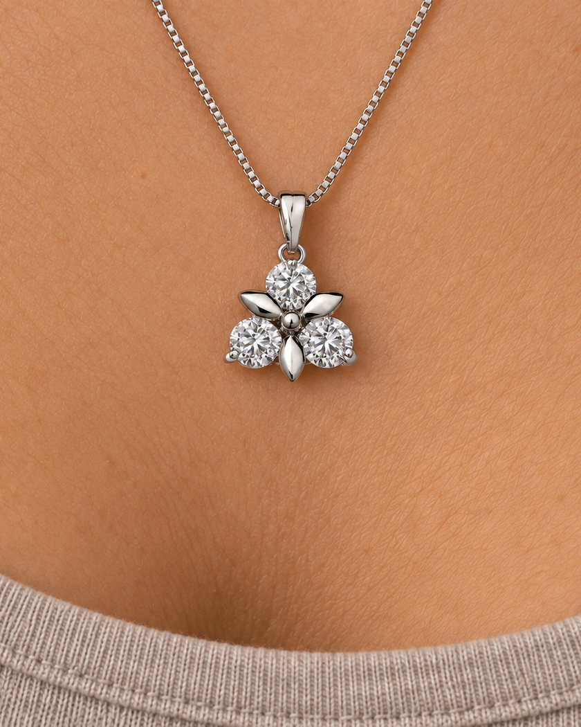 Round Blossom Necklace, close worn view