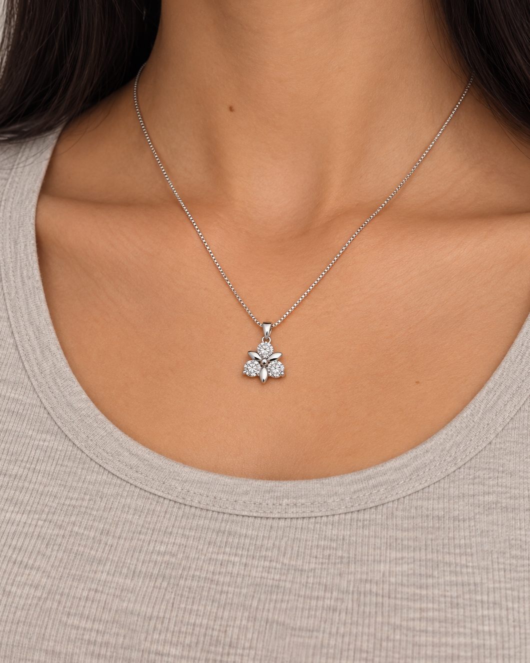 Round Blossom Necklace, farther worn view