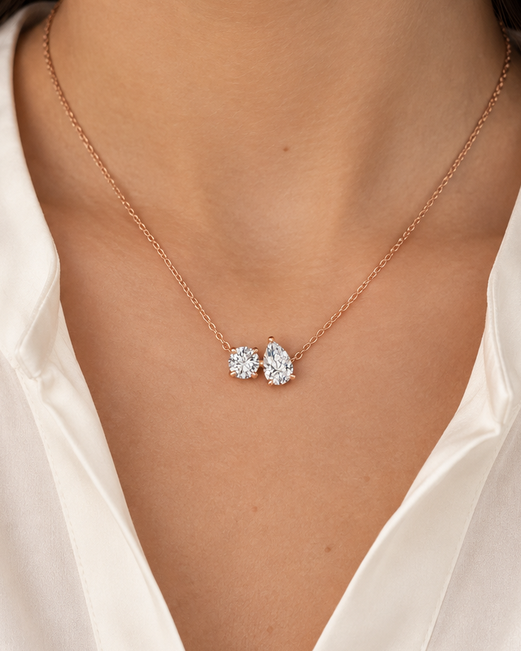 Round Pear Necklace — farther worn studio photograph