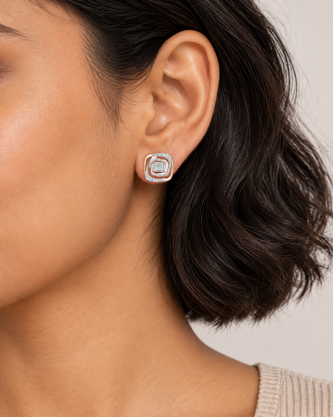 Rounded Square Studs, farther worn view