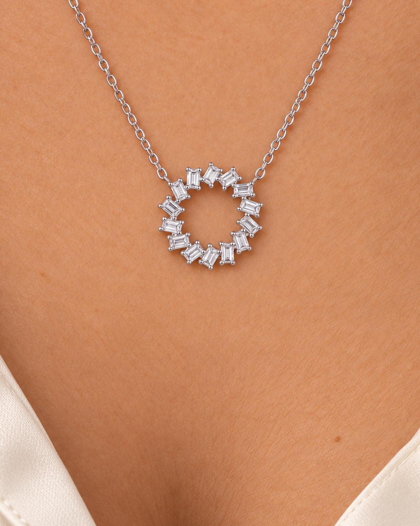 Spaced Baguette Necklace, close worn view