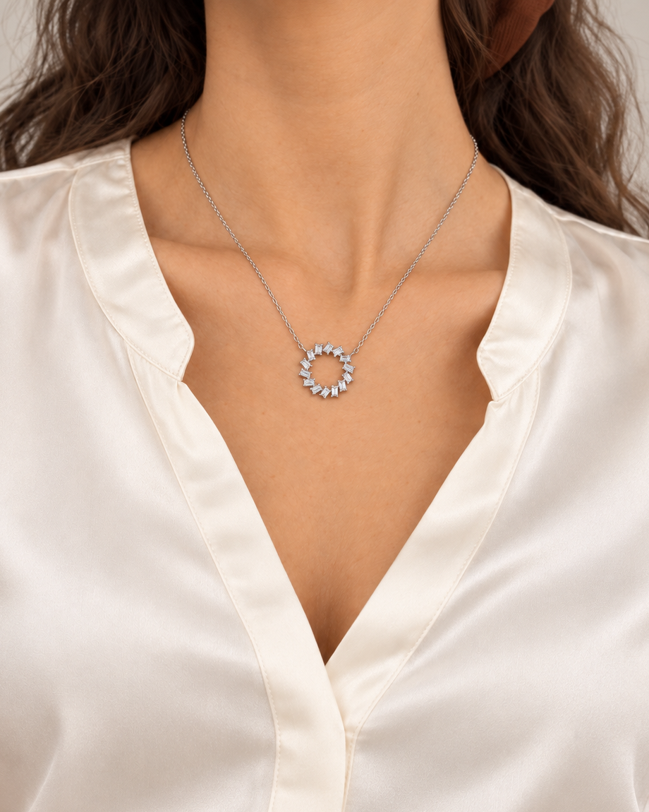 Spaced Baguette Necklace, farther worn view