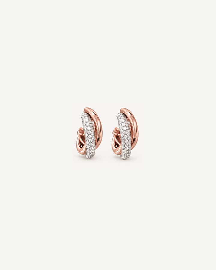 Split Pavé Hoops in Rose Gold, three-quarter pair on Oyster Silk
