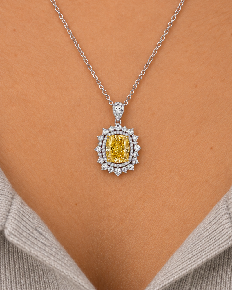Sunburst Cushion Necklace, close worn view