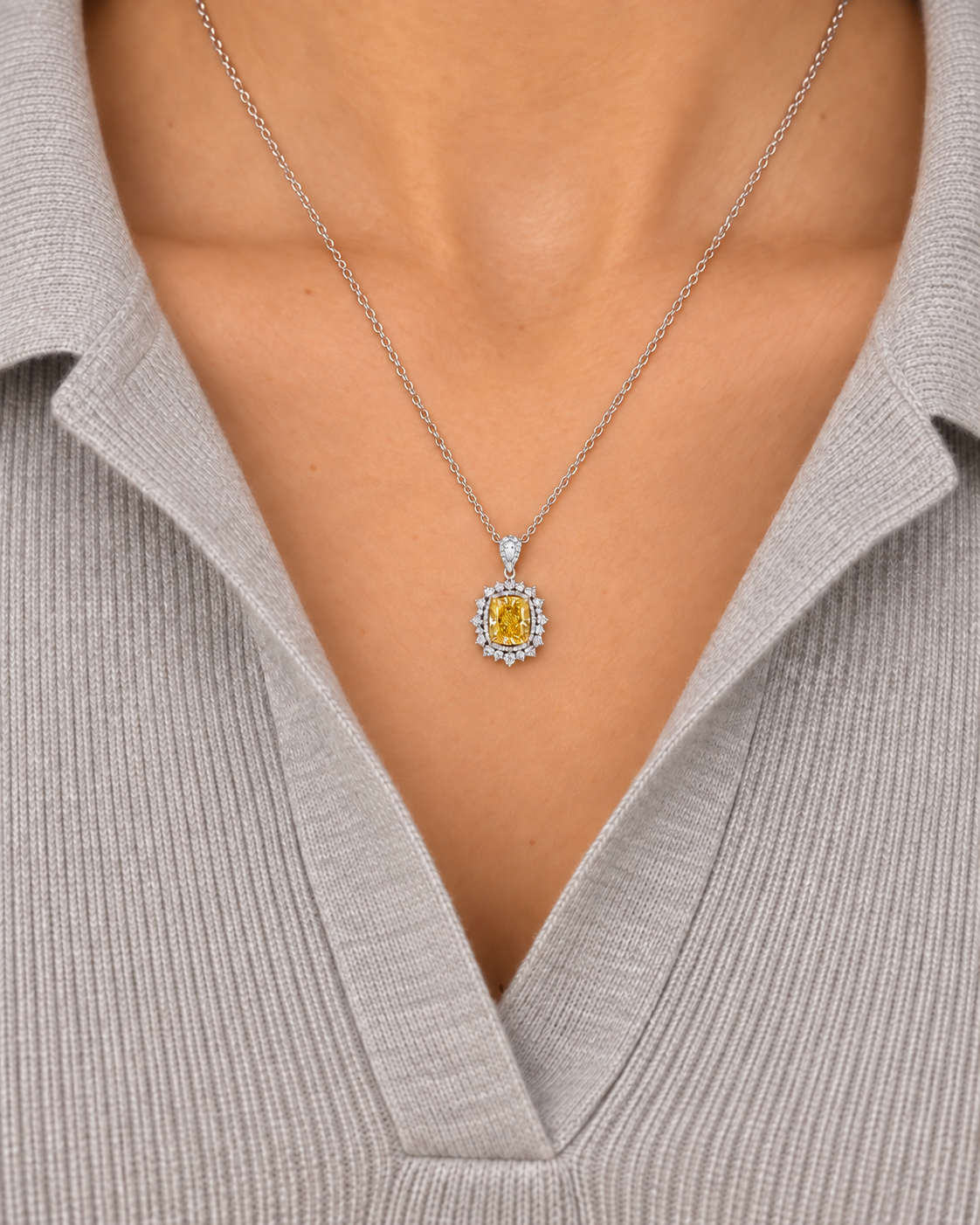 Sunburst Cushion Necklace, farther worn view