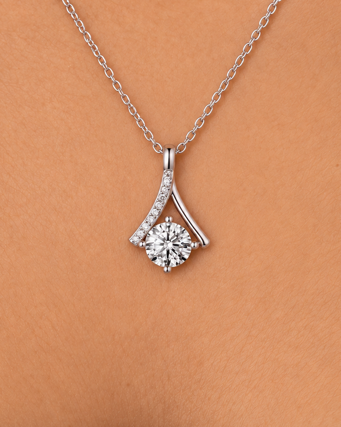 Swept Solitaire Necklace, close worn view