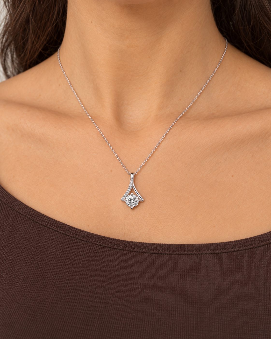 Swept Solitaire Necklace, farther worn view