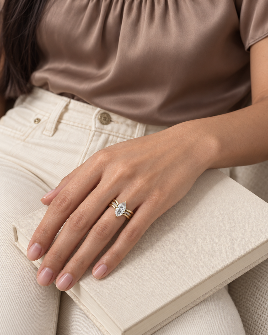 Triple Marquise Ring, farther worn view
