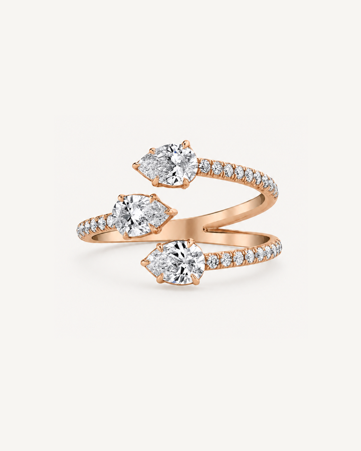 Triple Pear Ring in Rose Gold on Oyster Silk background