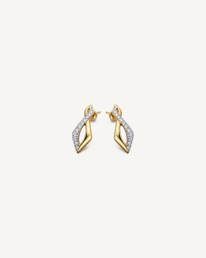 Twisted Leaf Studs in yellow gold, mirrored pair at a three-quarter angle on Oyster Silk.